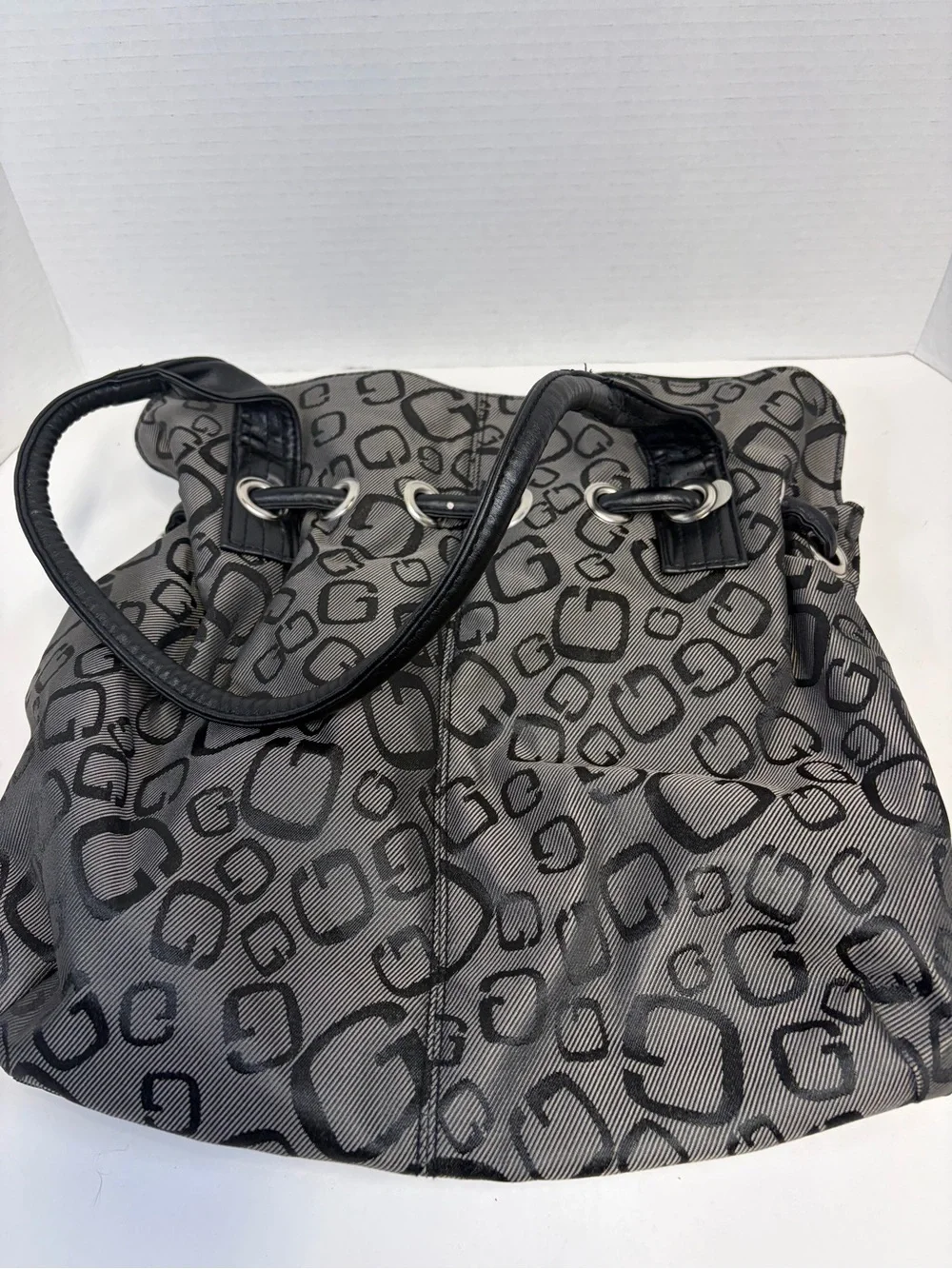 Guess Gray Monogram Drawstring Hobo Bag